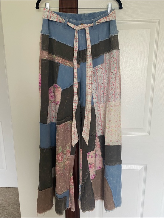 Oli & Hali Pants - Oli & Hali Patchwork Wide Leg Pants with Tie Belt - Blue, Brown & Pink